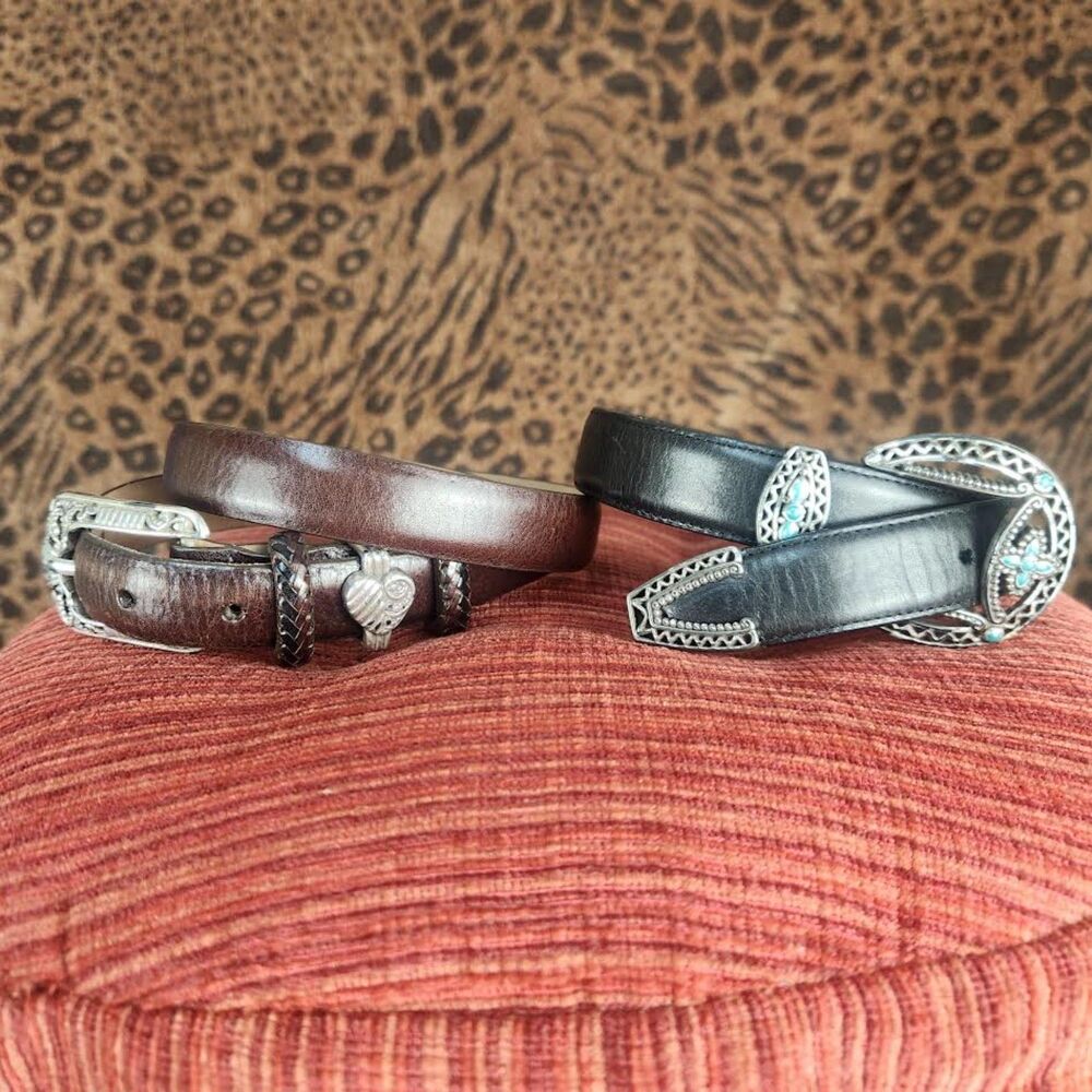 Vintage Brighton Leather Belts Lot 2 Black & Brown Turquoise Western 90s Size 28